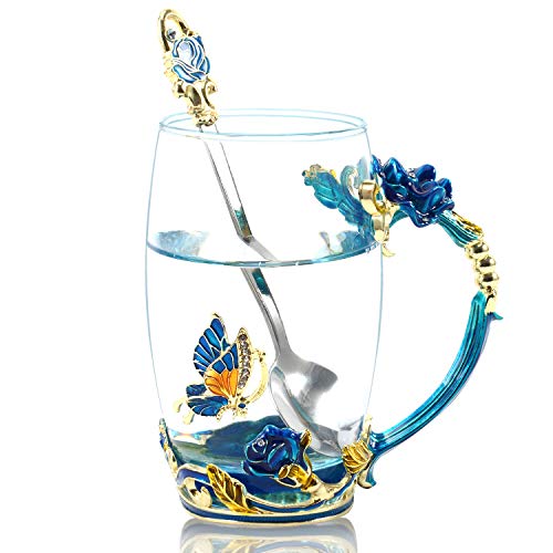 WOBOX 330ML Enamel Tea Cup Glass Coffee Mug Handmade Rose Flower Tea Mug Great for Valentine’s Day, Birthday, Wedding, Friend Gift,Coffee Cup with Stainless Steel Spoon Set Blue by WOBOX - Used condition - CA$29.46