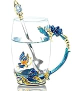 WOBOX 330ML Enamel Tea Cup Glass Coffee Mug Handmade Rose Flower Tea Mug for Valentine’s Day, Bir...