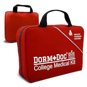 DormDoc College First Aid Kit – Compact Emergency Medical Kit for Dorm Rooms, School, Sports – with Bandages, OTC Medicines for Relief, Gauze, Quick Care Set – Portable Health Kit – 175 PCS, Red