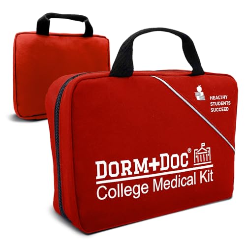 DormDoc College First Aid Kit – Compact Emergency Medical Kit for Dorm Rooms, School, Sports – with Bandages, OTC Medicines for Relief, Gauze, Quick Care Set – Portable Health Kit - 175 PCS, Red
