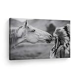 SmileArtDesign Indian Wall Art Native American Woman Looks at White Horse Canvas Print Home Decor De