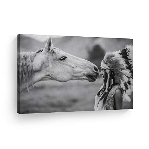 Smileartdesign Indian Wall Art Native American Woman Looks At White Horse Canvas Print Home Decor Decorative Artwork Living Room Bedroom Office Wall Decor Ready To Hang Made In Usa - 8X12 #TOP8