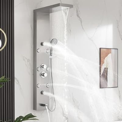DELAVIN Shower Panel Stainless Steel Shower Tower, 5-Function Shower Panel Tower System, Full Body Shower System with Rainfall Waterfall Massage Body Jets Tub Spout and Handheld Shower, Brushed Nickel