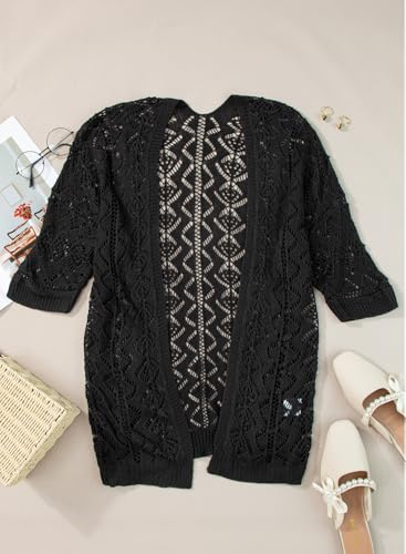 SHEWIN Summer Cardigan Sweaters for Women Lightweight 3/4 Sleeve Open Front Cropped Crochet Beach Cover Ups4