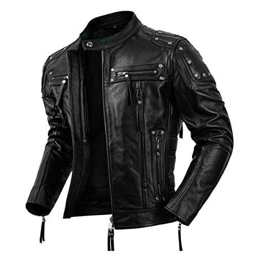 Men’s Black Biker Genuine Cowhide Motorcycle Fashionable Slim Fit Zip-Up Leather Jacket2