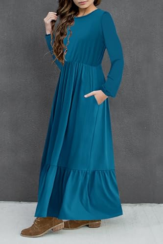 HOSIKA Girls Maxi Dress Lantern Long Sleeve Loose Flowy Tiered Casual Holiday Dresses with Pockets for 6-12 Y3