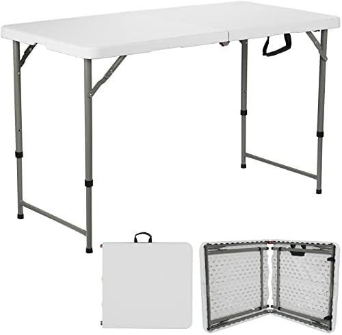 ANJI DEPOT 4ft Folding Trestle Table, Heavy Duty Trestle Picnic Garden Table with 3 Adjustable Heights of 18/24/29 inch (48/60/74 cm)