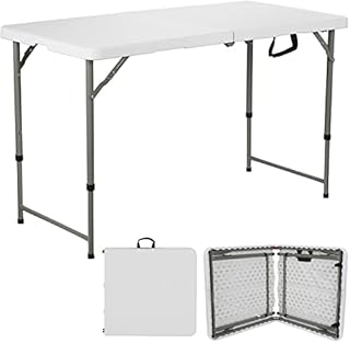 ANJI DEPOT 4ft Folding Trestle Table, Heavy Duty Trestle Picnic Garden Table with 3 Adjustable Heights of 18/24/29 inch (48/60/74 cm)