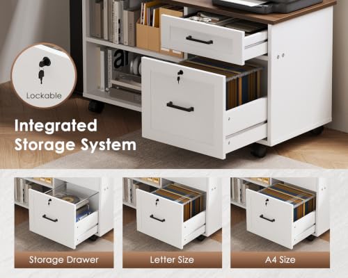 Image of OffiGo 63 inch L Shaped Electric Standing Desk with Cabinet Sets, Walnut /White | Mobile Drawers & File Cabinet Sets for Flexible Layout, Height Adjustable Executive Stand Up Desk for Home Office Workstation