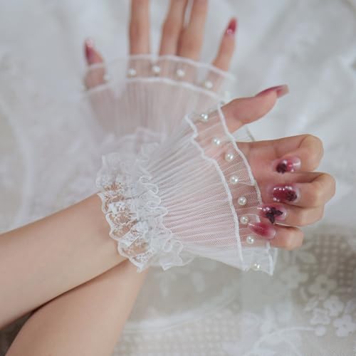 lace mesh Fingerless Gloves Pearl Tulle Wedding Gothic Cuffs for Bridal Wedding Gloves Party Decoration2