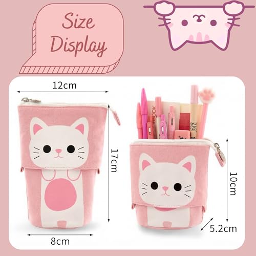 Image of FINEMOE Standing Pencil Case Cute Pencil Pouch for Girls Boys, Korean Boba Pop Up Stationery Makeup Cosmetic Organizer Box, Pouches for Stationary Boys Kids Women School Students (Pink Cat)