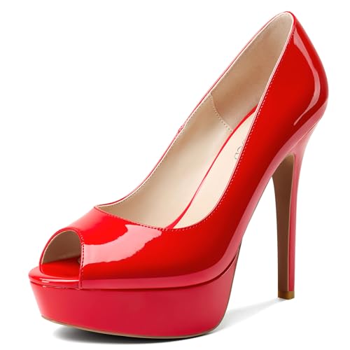 TNYNFBEB Womens Stiletto High Platform Heel Peep Open Toe Pumps Slip-on Prom Wedding Dress Patent Leather 4.7 Inches Heels
