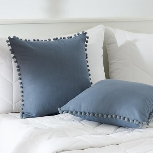 Image of 100% Cotton Pom Pom Cushion with Filler, Elegant & Modern Cushion Cover for Living Room, Square Shape, 16 inchx16 inch, uni slub, Set of 3 - Denim Grey