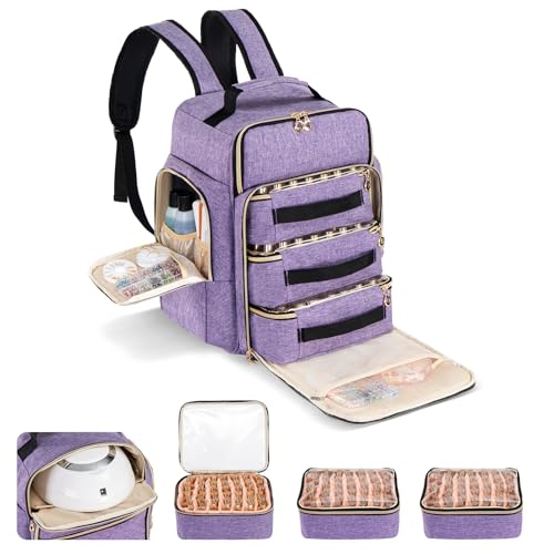 Hautton ネイルケース マニキュア収納バッグ 特大容量 ネイルポリッシュ用品126本収納可能 3層引出し プロ仕様の丈夫なネイルポリッシュトラベルケース ネイリスト用 -パープル