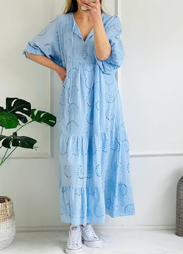 Image of chouyatou Women's Summer Loose Floral Lace Eyelet Dress Boho Casual Notch Neck Maxi Tunic Beach Dress