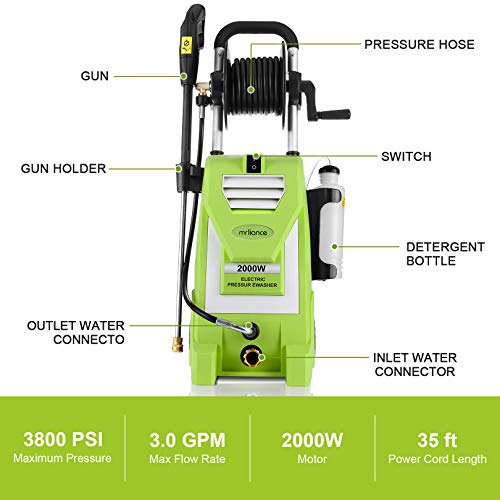 3800PSI Electric Pressure Washer,3.0GPM Electric Power Washer 2000W High Pressure Washer with Hose Reel for Cleaning Cars Houses Driveways Fences Patios Garden (Green)