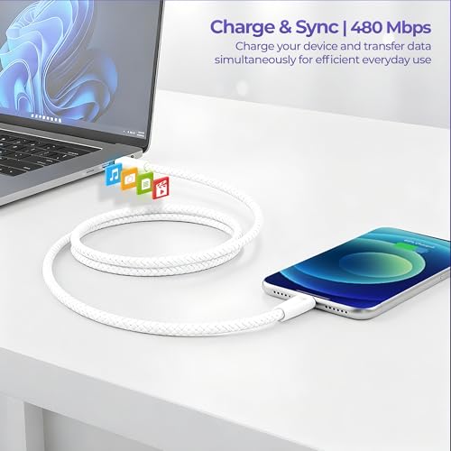Image of Zebronics Type-C to Lightning Fast Charging Cable, 27W PD Rapid Charging, Charge & Sync Support, Braided Tangle-Free Design, 1.5 Meter Length, Compatible with Type-C PD Adapters (TL300, White)