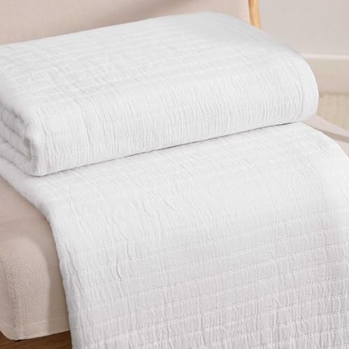 Image of Tommy Hilfiger - Queen Cotton Blanket, Woven Channel Stitched Bedding, Medium Weight Soft Blanket, Anti-Pilling & Fade Resistant, Ideal for Layering, Oeko-TEX Certified (White)