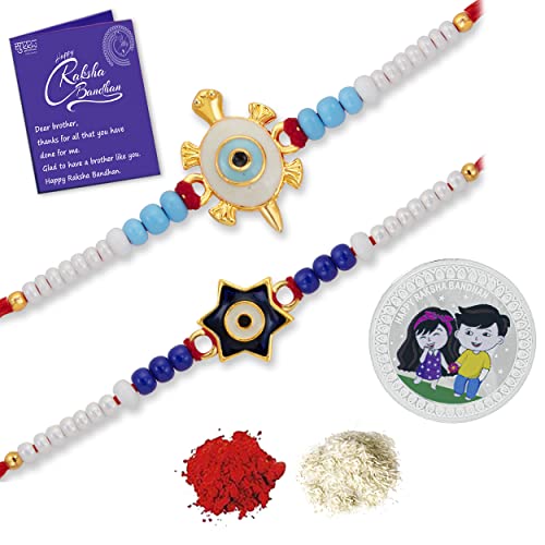 Sukkhi Rakhi Exclusive Gold Plated Evil Eye Meenakari Rakhis Set of 2 & 1 Gram 999 Pure Silver Coin Combo, Roli Chawal & Greeting Card|Rakhi for MEN|Silver Coin|Rakhi Combo-Pack of 2 |CBMIX104557 (B0B5LPTPNH) Amazon Price History, Amazon Price Tracker