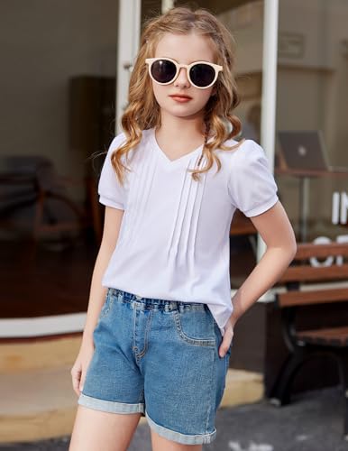 Image of Arshiner Girls Puff Short Sleeve Shirts Pleated Tunic Top Casual V Neck Summer Kids Blouse Tee