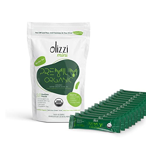 Olive Oil Packets Olizzi Premium Organic Extra Virgin - Award Winner, Early Harvest, Cold Pressed, USDA Organic Certified, Great Taste, Salad Dressing, Aceite de Oliva, Individual - 25 Single Use Packs (0.34 Fl Oz / Unit)