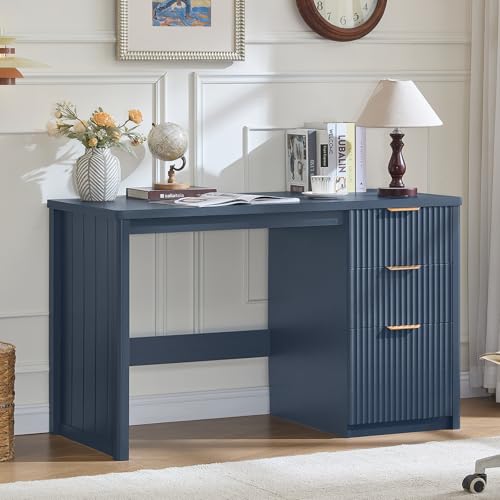 LEYAOYAO Office Desk 48 with 3 Drawers Storage File Cabinet Wood Fluted Desk for Computer Office Bedroom Home Furniture Blue