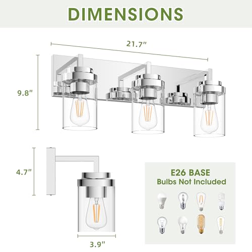 Image of Chrome Light Fixtures, 3 Light Bathroom Vanity Light with Clear Glass Shade, 22in Modern Vanity Light, Bathroom Lighting Fixtures Over Mirror for Living Room