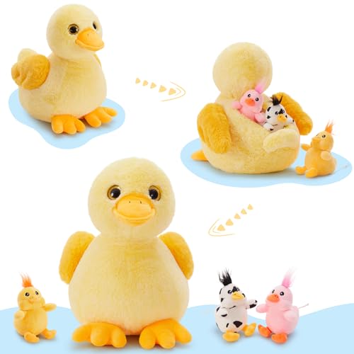 Image of Duck Plush Toy with 3 Babies, 11 Inch Wind Up Stuffed Animal Set