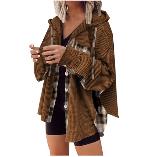 HGps8w Women's Plaid Patchwork Oversized Corduroy Shirt Jacket - Loose Button Down Long Sleeve Winter Coats Outerwear