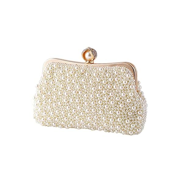 Women Pearl Evening Bag Bride Beaded Clutch Purse Cream White for Wedding Party, Ivory White, Small