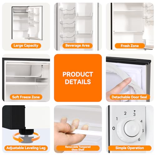 Frestec 3.2 Cu. Ft. Mini Fridge with Freezer Small Refrigerator, Mini fridge for Bedroom, Dorm, Single Door, Energy Saving, Low Noise, Mini Fridge for Office (Grey)