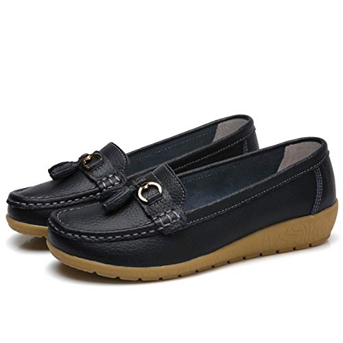 Image of Women Loafers Leather Rubber Sole Slip On Walking Flats Casual Moccasin Boat Shoes
