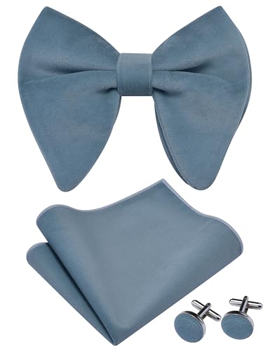 Image of GUSLESON Mens Solid Plaid Velvet Pre-tied Adjustable Bow Tie and Pocket Square Cufflink Set with Gift Box