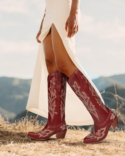 MUCCCUTE Cowboy Boots for Women Western Cowgirl Boots Knee High Pointed Toe Chunky Heels Embroidered Pull On Country Tall Boot2