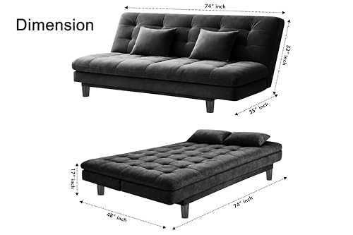 Image of 3-Seater Velvet Sofa Cum Bed, Tufted Convertible Sleeper Couch, Space-Saving Design, Comfortable Cushioned Seating - Black