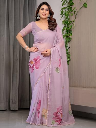 Image of ALMAARI FASHIONWomen's Floral Printed Organza Saree with Unstitched Blouse Piece | Traditional Ethnic Wear Sarees | Soft Lightweight Ethnic Office Wear Daily Wear Indian Sari (ORGANZA 121-130 H)