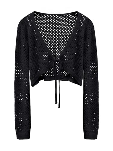 Women's Tie Front Cardigan Shrugs for Dresses Summer Lightweight Crop Top Knit Crochet Sweater Beach Cover Up