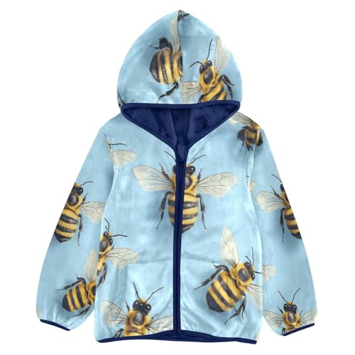 Bee Pattern on Blue Toddler Fleece Jacket Girl Boys Hooded Fleece Jacket Coat Warm Outwear Zip-up 3-10T