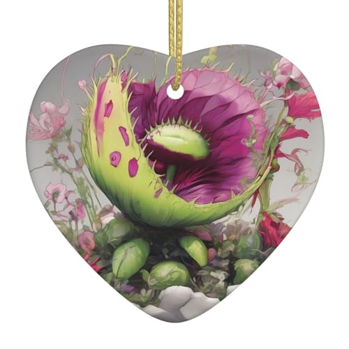 WZYWHJ Christmas Ceramic Heart Pendant Decoration for Tree Hanging Festival Ornaments Neon Venus Flytrap Prints