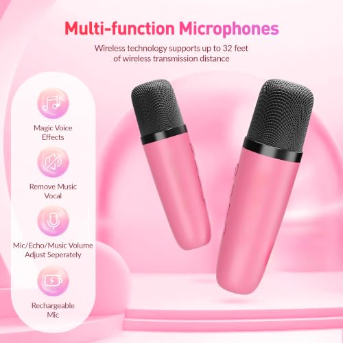 Image of Mini Karaoke Machine with 2 Wireless Microphones for Kids Adults,Portable Bluetooth Karaoke Speaker with Party Lights,Christmas Birthday Gifts for Girls Ages 4, 5, 6,7, 8, 9, 10,12+ Family Home Party