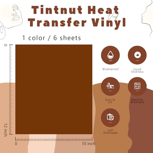 Image of Tintnut Rustic Brown Heat Transfer Vinyl,6 Pcs 12x10in Iron on Vinyl | Skin Tone PU HTV Sheets,easy cut & weed,stretch washable,works with iron & heat press for fabric crafts