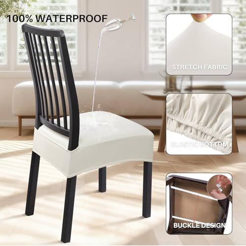 Image of SearchI Waterproof PU Dining Chair Seat Covers Set of 6, Soft Removable Washable Seat Covers for Dining Chairs, Dining Room Seat Cover Protector (Rear-Covered, PU Cream)