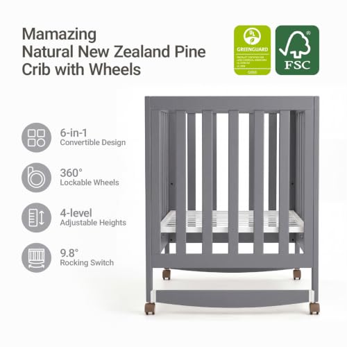 Image of MAMAZING EvoNest 6-in-1 Convertible Baby Mini Crib with Wheels | GREENGUARD Gold Certified, New Zealand Pine Wood, 4 Adjustable Heights, Rocking Mode, Small Spaces Design, Grey