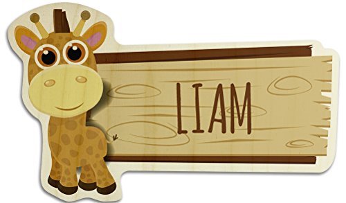 printplanet Türschild aus Holz mit Namen Liam - Motiv Giraffe - Namensschild, Holzschild, Kinderzimmer-Schild