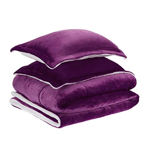 Amazon Basics Ultra-Soft Micromink Sherpa Comforter 3 Piece Bed Set, Full/Queen, Plum, Solid #TOP1
