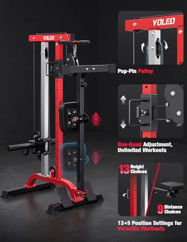 Image of YOLEO Cable Machine Home Gym 2 in 1, Rowing Machine & LAT Pulldown Station, Smooth Pulley System Power Cage with More Training Attachment