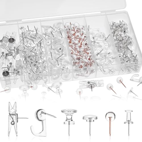 290 Pcs Push Pins Assorted 6 Style Thumb Tacks Set for Wall Hanging Cork Board Bulletin Board Decorative Steel Point Push Pins for Map Photo Craft Office Home - Clear