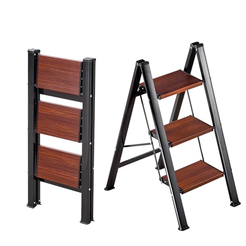VEVOR Trittleiter 3 Stufen, Klappleiter mit Anti-Rutsch-Stufen in Holzoptik, Haushaltsleiter 150 kg Tragfähigkeit, Aluminium-Sicherheitsleiter für Heimwerkerarbeiten & Reinigungsarbeiten