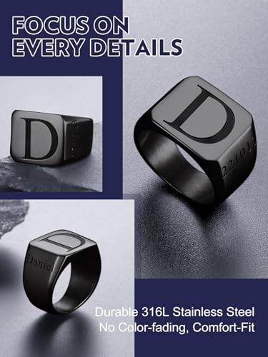 Bandmax Custom Signet Letter Stainless Steel/14K Gold Plated Black Initial Ring for Men Personalized Engraved Name Ring Gift for Father Husband Son Friend4