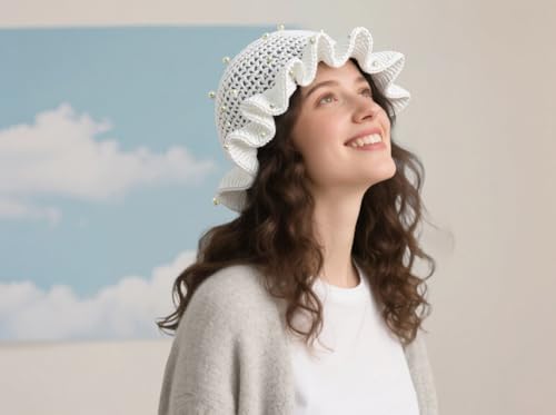 Hshsclth Women Starry Pearl Crochet Hat Handmade Beaded Trim Knitted Bucket Hats Solid Color Fashion Ruffled Brim Bucket Hat (US, Alpha, One Size, White) - image 4